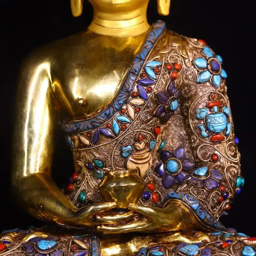 

17"Xizang Folk Collection Old Bronze Outline in gold Mosaic Gem gZi Beads Turquoise lapis lazuli Shakyamuni Sitting Buddha