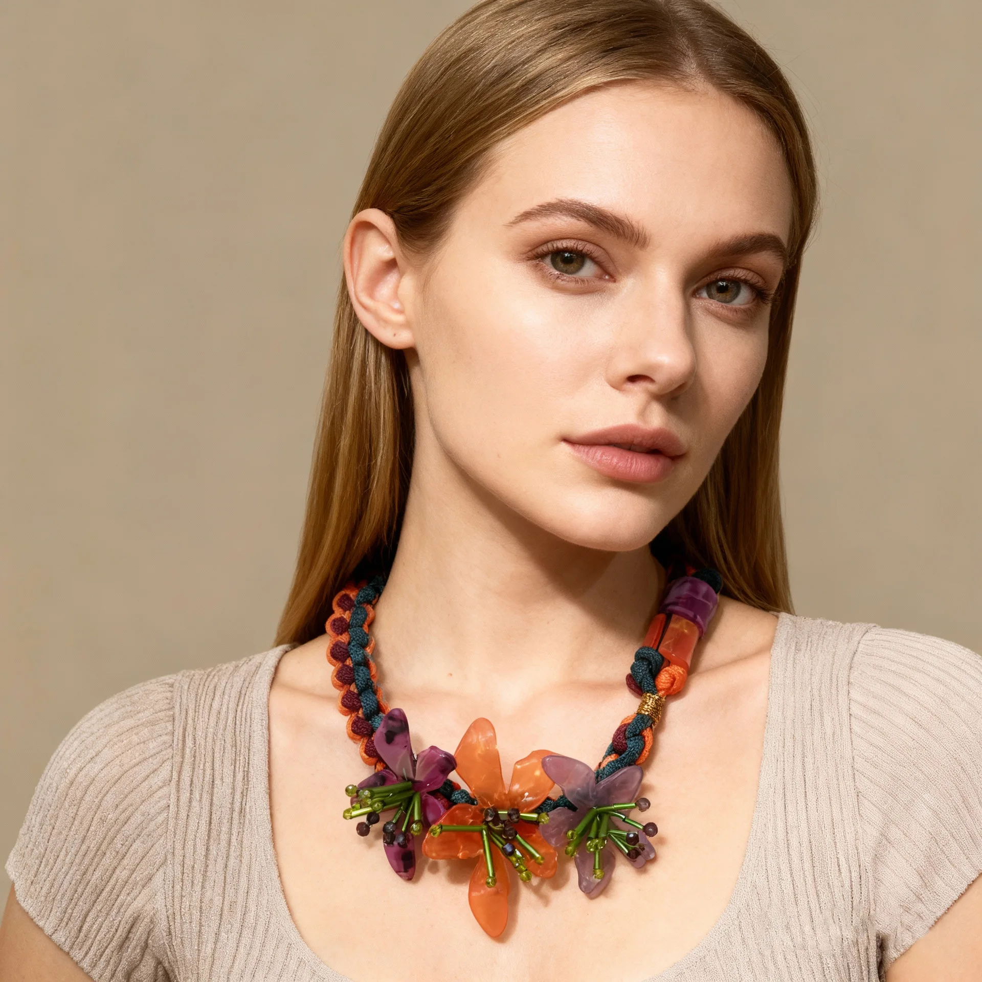 Bohemian style handmade braided rope necklace gradual change resin acetic acid flower vacation wind neck chain wholesale