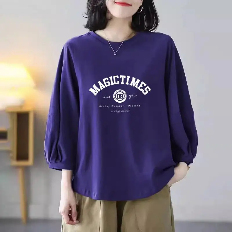 Women Trendy Letter Print Simple Casual All Match Basic T-shirt Y2K Vintage Lantern 3/4 Sleeve Loose Cotton Tops Ropa Para Mujer