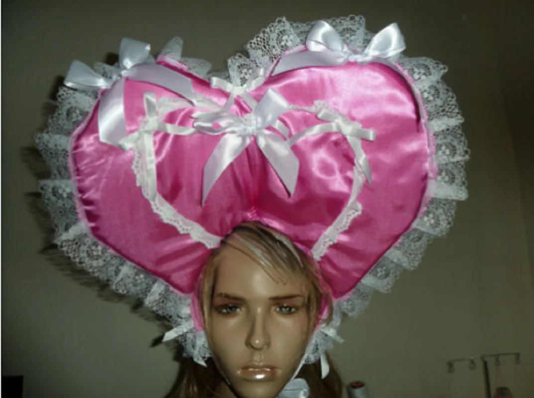 

Hot Adult Baby Dark Pink Blue Satin Big Heart Hat White Lace Tie Bow