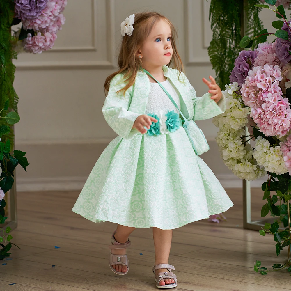 3PCS Baby Girls Dresses Set For Court Vintage Ceremony Birthday Party Ball Gown Toddler Kids Princess Party With Bag Shawl