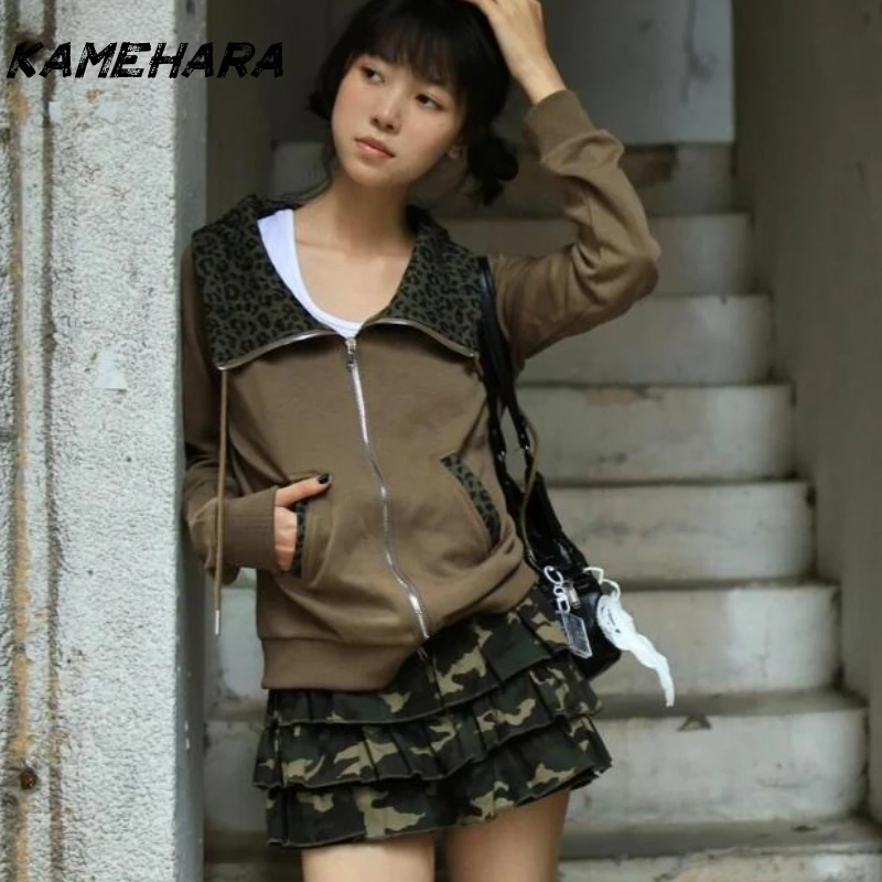

KAMEHARA Retro Spicy Girl Lapel Leopard Print Long Sleeve Zipper Jacket Fashion Workwear Camouflage Pleated Short Skirt 2pcs Y2k