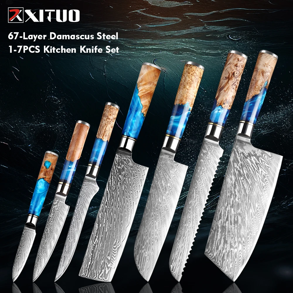 

Japanese 1-7PCS Kitchen Knives Set,Damascus Steel Sharp Santoku,Cleaver,Paring,Bread ,Boning,Cooking Knife,Blue Resin Handle