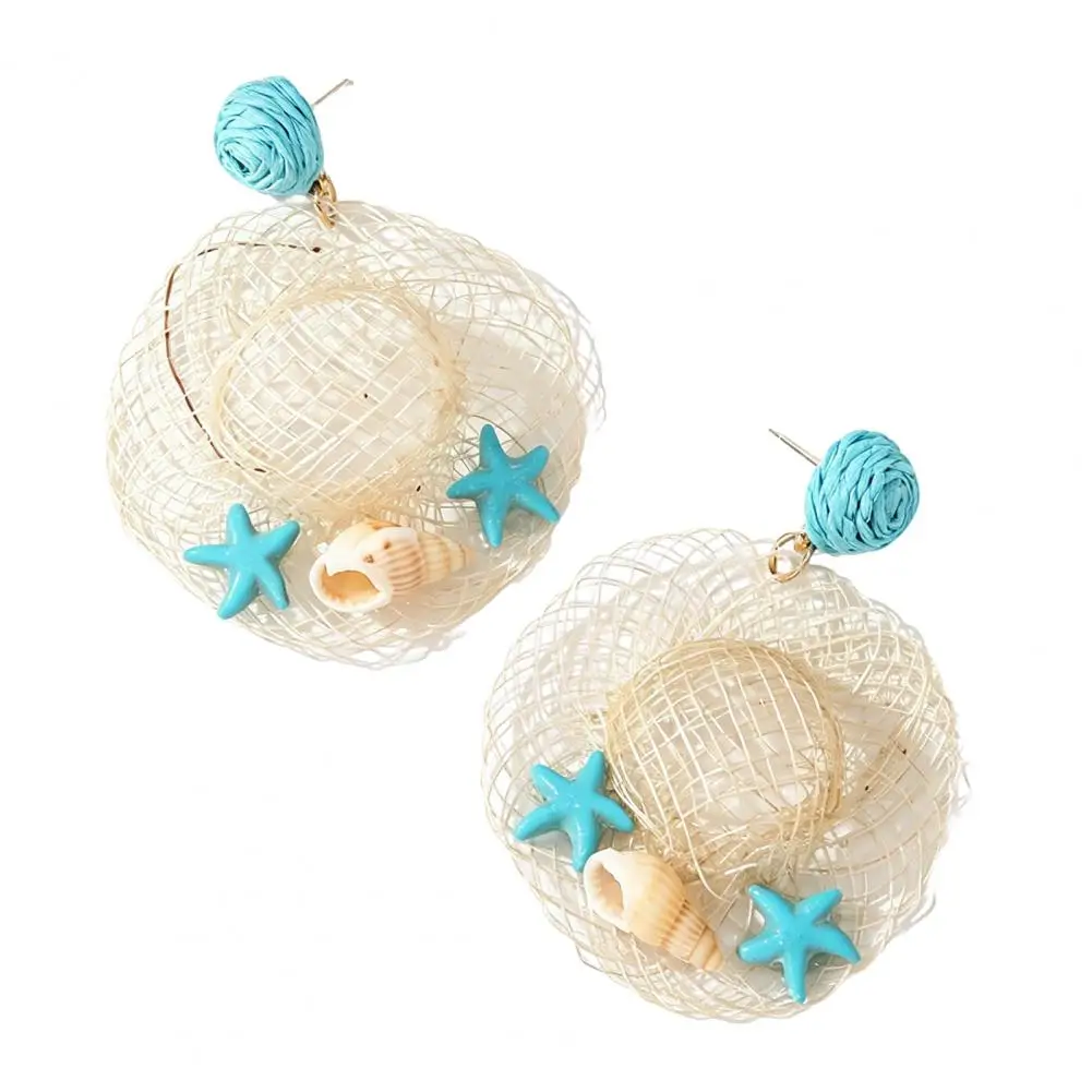 Handmade Raffia Jewelry Lightweight Raffia Earrings Boho Raffia Statement Earrings Woven Straw Starfish Dangle for Women