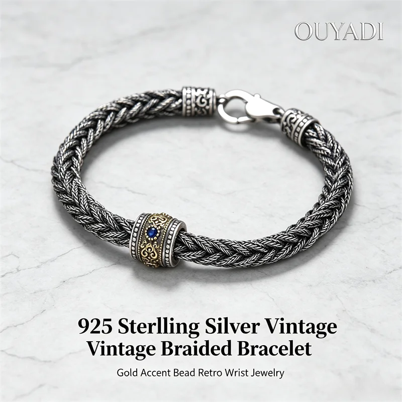 OUYADI 925 Sterling Silver Fox Tail Braided Bracelet For Men Women, Vintage Two-Tone Gold Inlaid Woven Couple Jewelry Gift