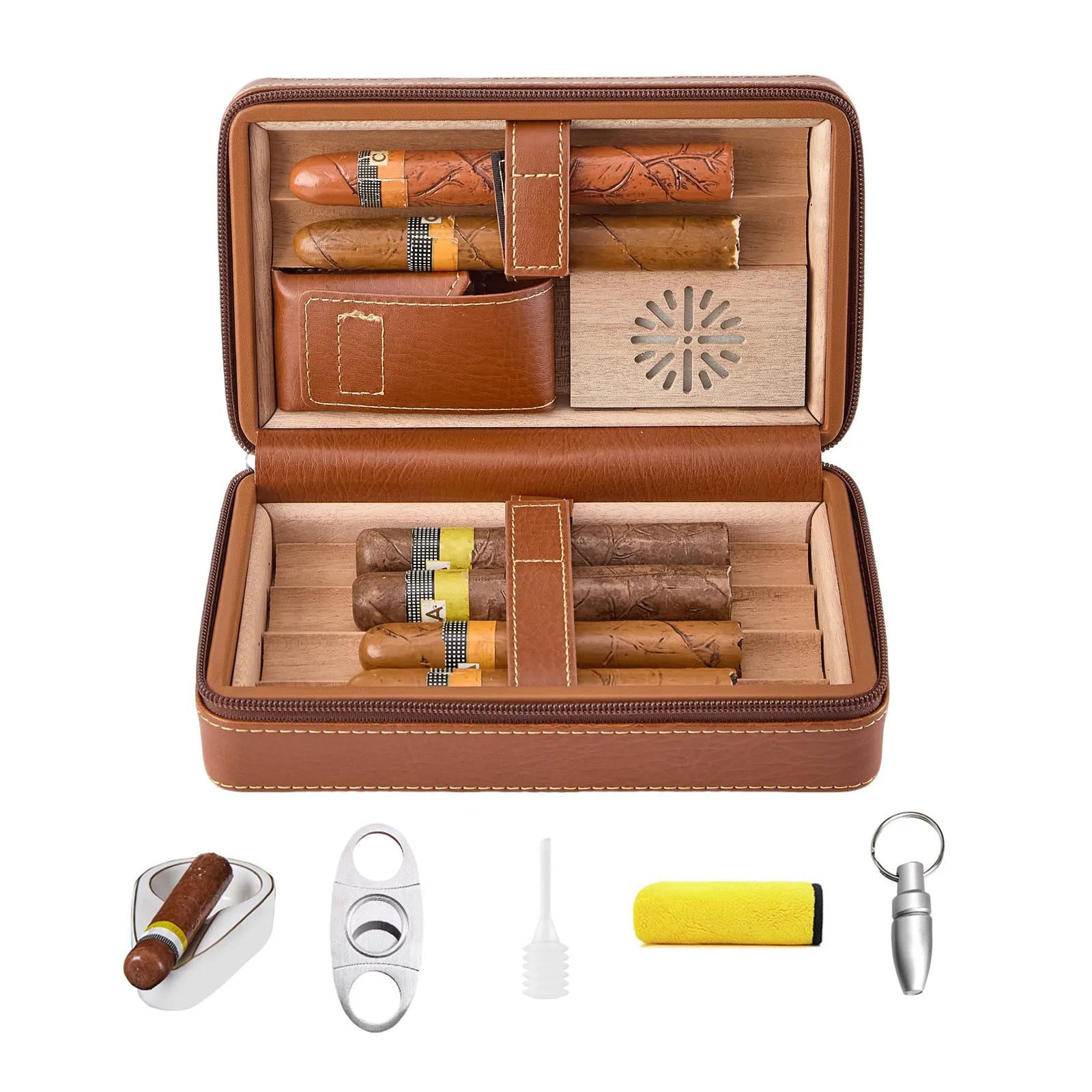 Premium portable cedar cigar box set with cigar cutter, ashtray, drill, humidifier, and towel. Humidor can hold up to 6 cigars