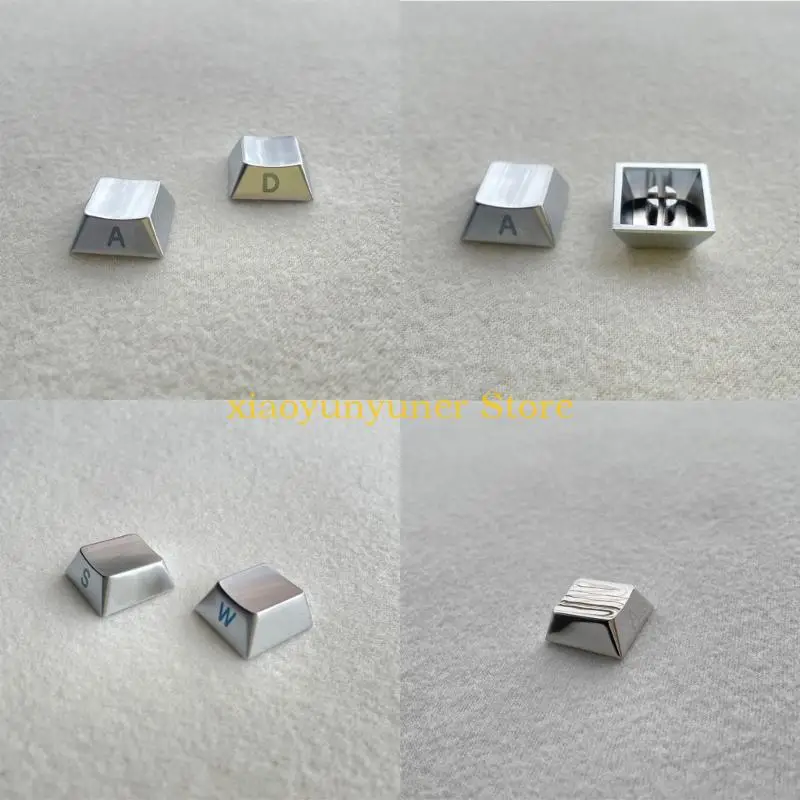 P9JB Zinc Alloy WASD Keycaps Gold/Silver Finish and with Side Engraving Enhances Gaming and Typing for Mechanical Keyboards