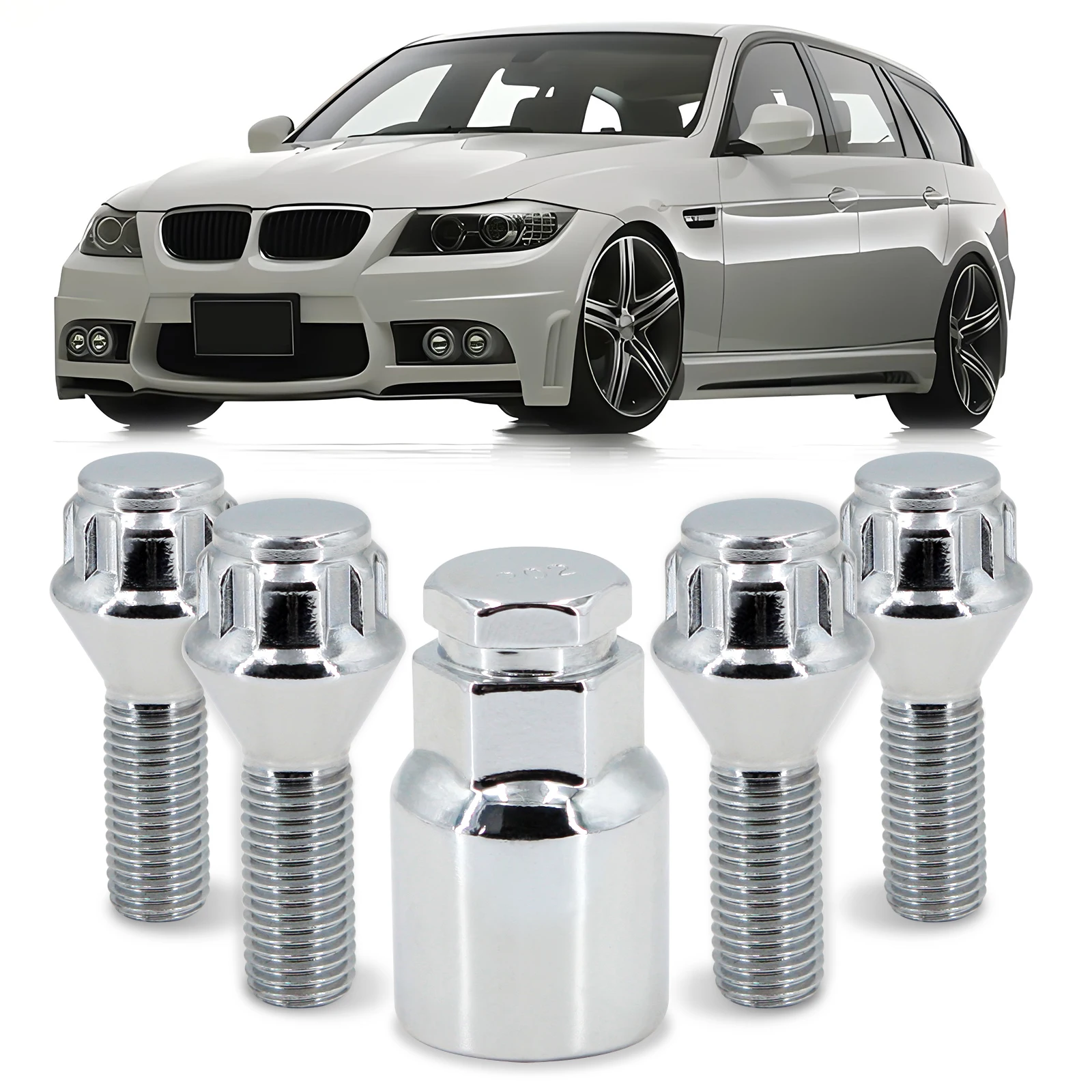 Wheel Bolt M12 x 1.5 17mm Hex 26mm Thread Chrome Locking Seat Lug Nuts & Security Key Anti Theft For BMW MINI Vauxhalls Nissan