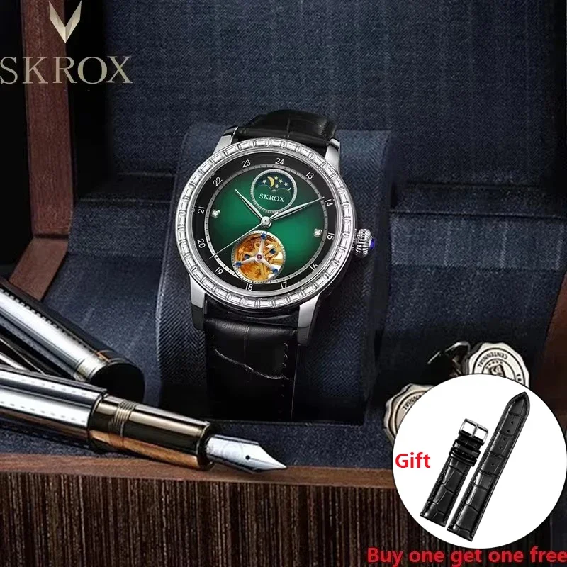 

2025SKROX Tourbillon Shanghai Automatic Movement Moon Phase Men's Wrist Watches Waterproof High-End Luxury Elegant Leather Clock