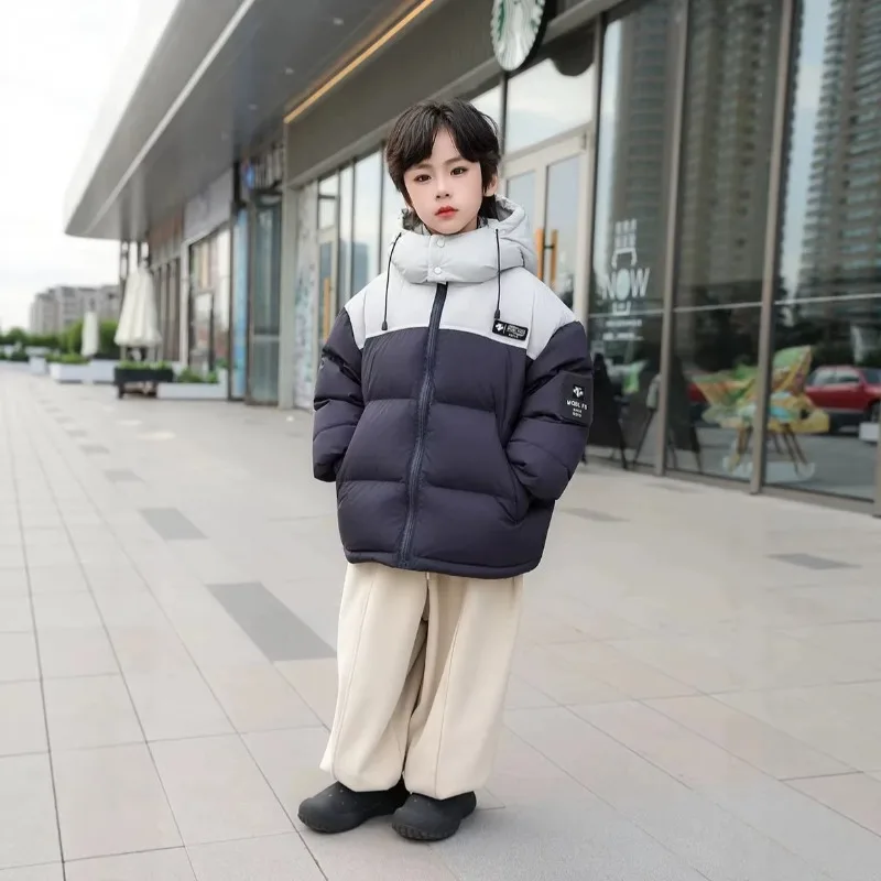 2026 Kids Down Coat Boy Girls 6-14Y Big Kids Hooded Color Block Thick Winter Jacket Korean Style Fashion Children Warm Outerwear