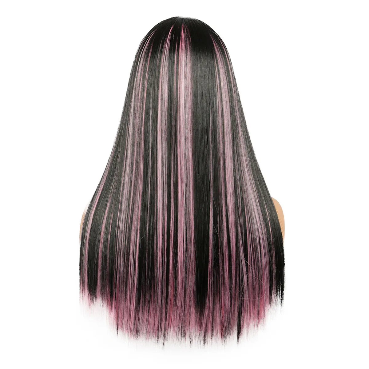 Qi poni intercolor rambut lurus panjang wig wanita serat kimia penutup kepala penuh hitam merah muda highlight warna fashion