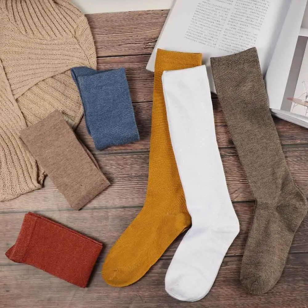 Women Cotton Knee High Socks Solid Color JK Student Fashion Casual Calf Sock Female Girl Sexy Long Socks Black White
