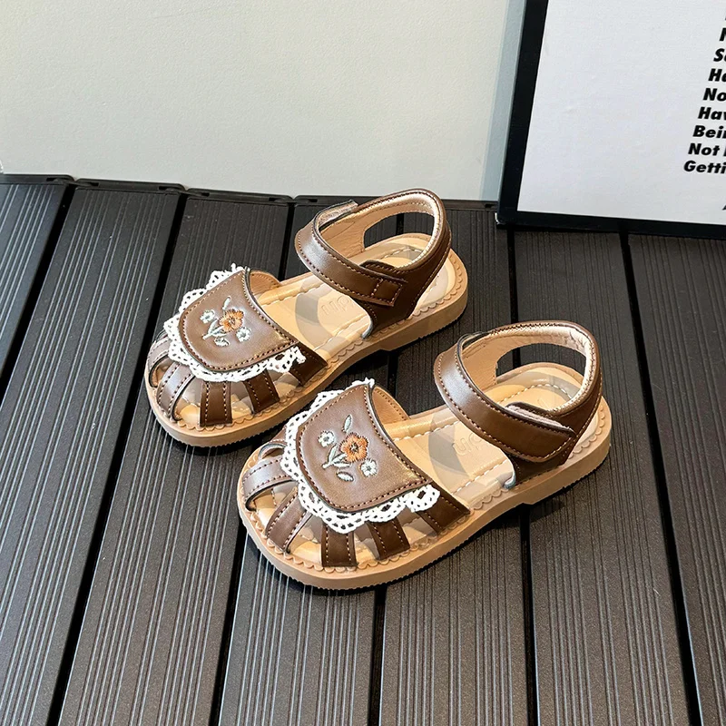 

Cover Toes Sandals for Girls Kids Shoes Children's Hook Loop Sandal Flower Embroidery Design 2025 Summer Girl Shoe Flat 22-31