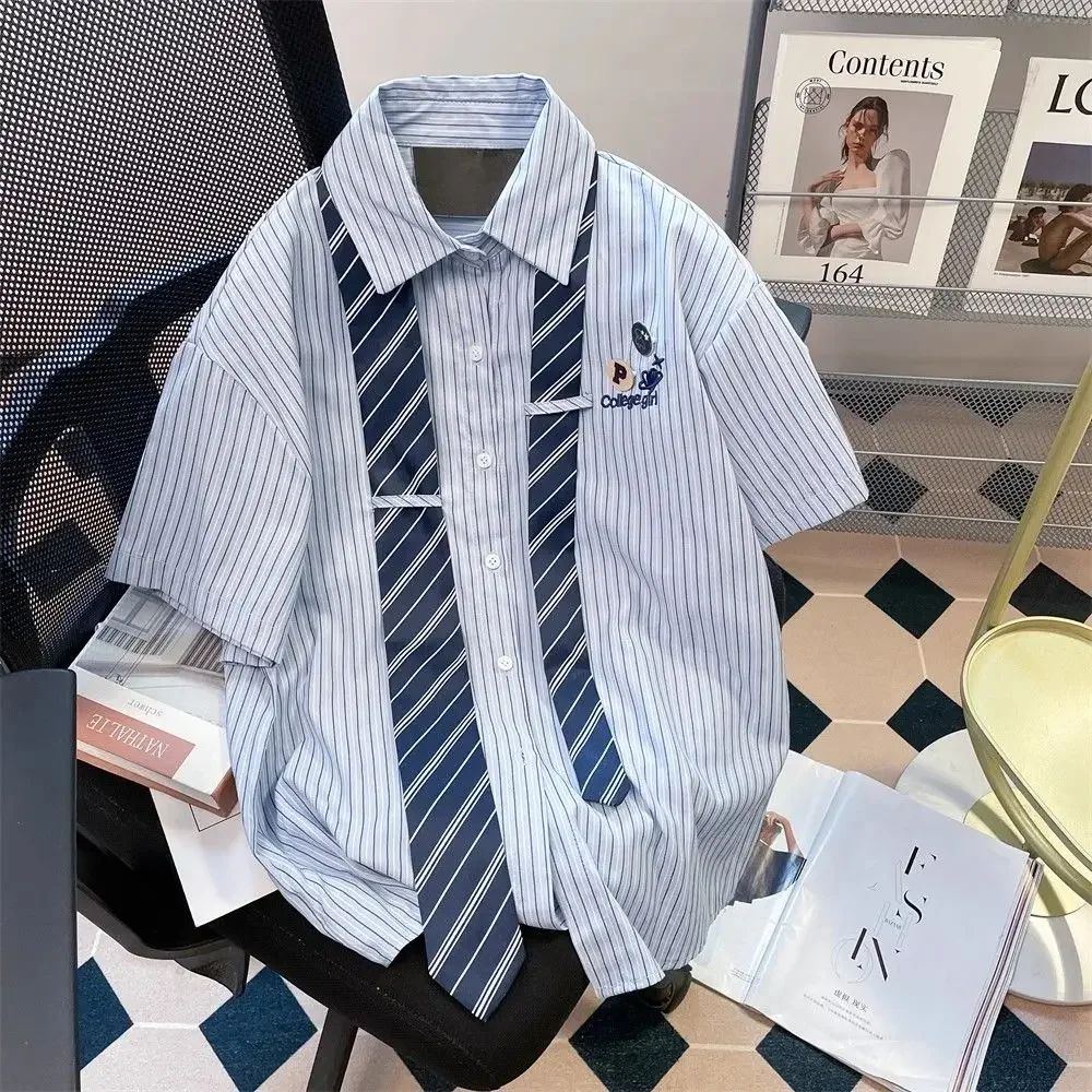 

Japanese college style blue striped tie shirt wome's summer new 2024 loose casual lapel short-sleeved top Harajuku retro y2k ins