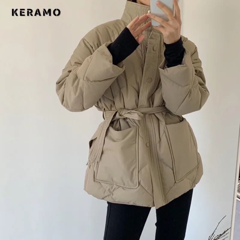 

Casual Basics Single Breasted Parkas Retro Belted Jacket 2023 Winter Women Oversized Outerwear Fashion Warm Thick Solid Coat