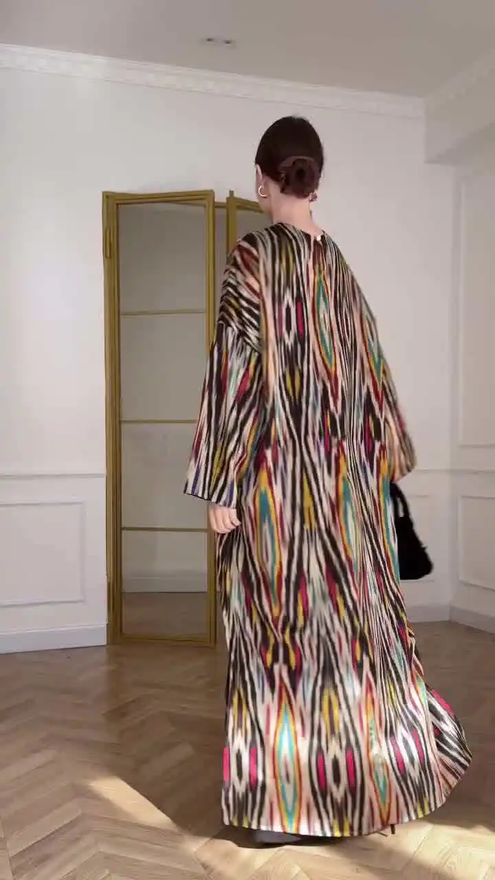 Spring Fall Sun Protection Printed Long Dress Women Urban Casual Loose Round Neck Long-Sleeved Dress European American Style