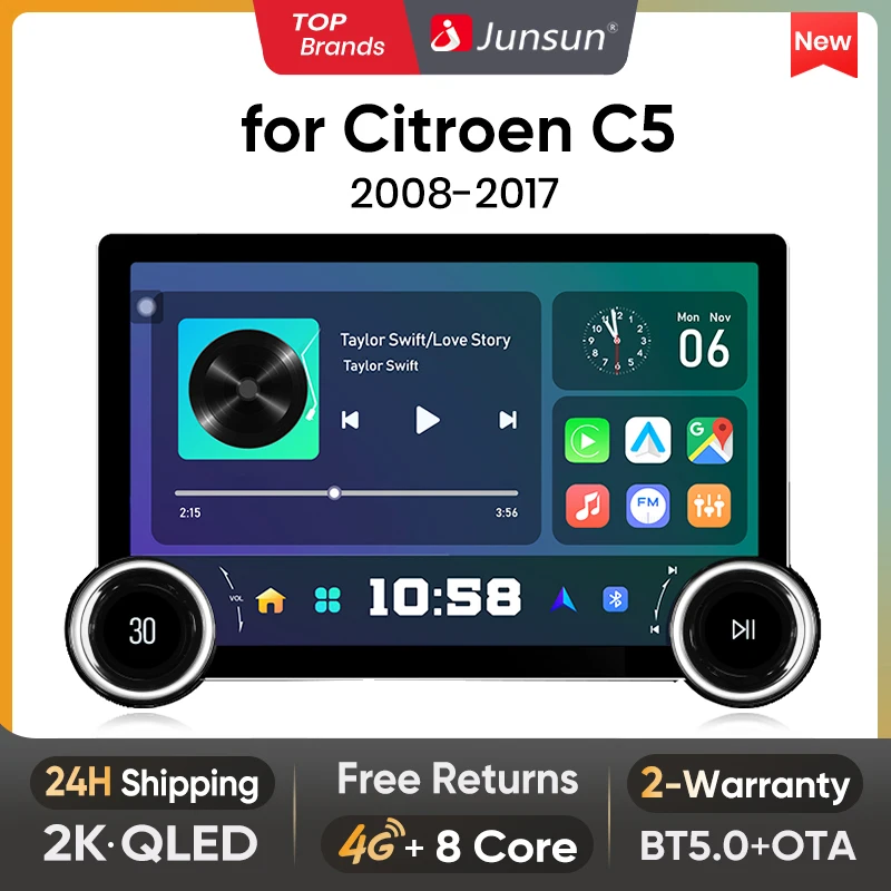 Junsun X8 Wireless CarPlay Android Auto Car Radio for Citroen C5 2008 2009 2010 2011 2012 2013 2014-2017QLED 2K DSP 48EQ 8 Core