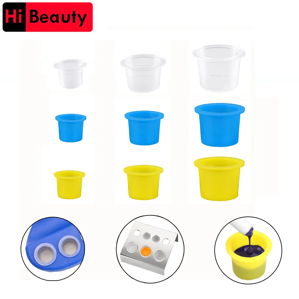 Soporte de plástico desechable para tinta de tatuaje, vasos para pigmento, suministros de maquillaje permanente para cejas, recipiente para pigmento azul y amarillo, 100 unidades por lote