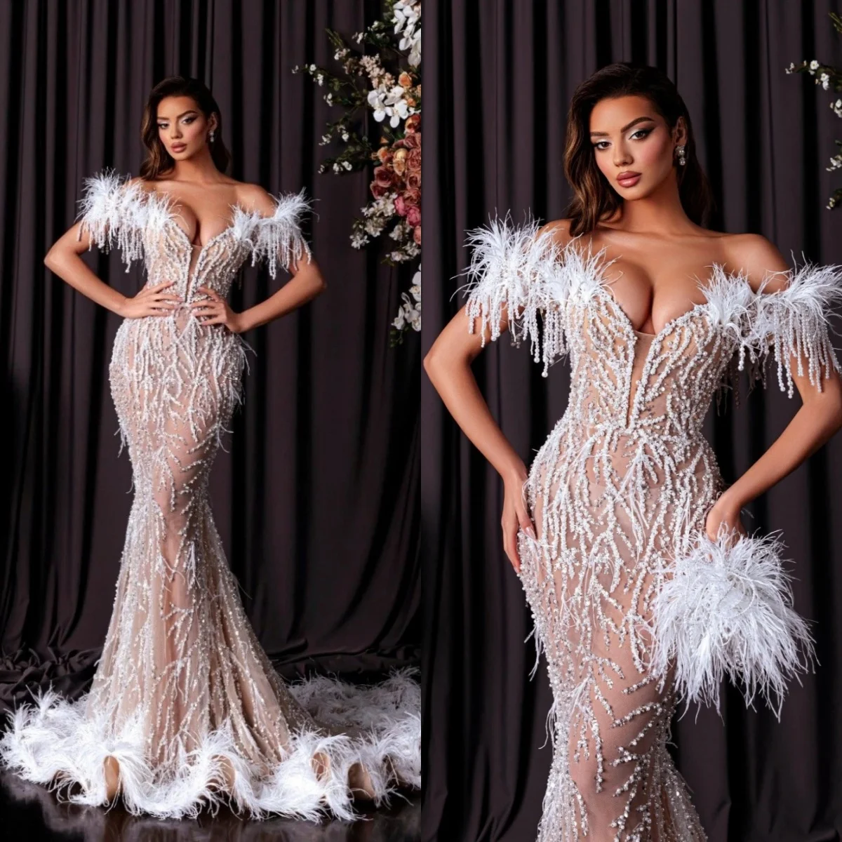 

Elegant Off The Shoulder Evening Dresses Sexy Feathers Sequined Lace Prom Dress Customized Floor Length Sleeveless Party Gown
