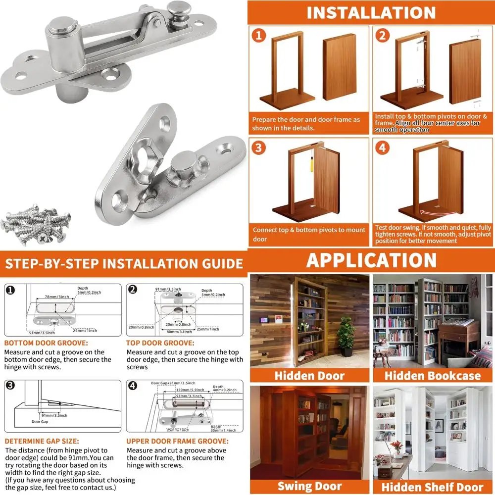 

Heavy Duty Concealed Pivot Hinge for 440 lbs Load, Locking at 90 Degrees, Stainless Steel, Hidden Door Hinge with Long Tail Keyw