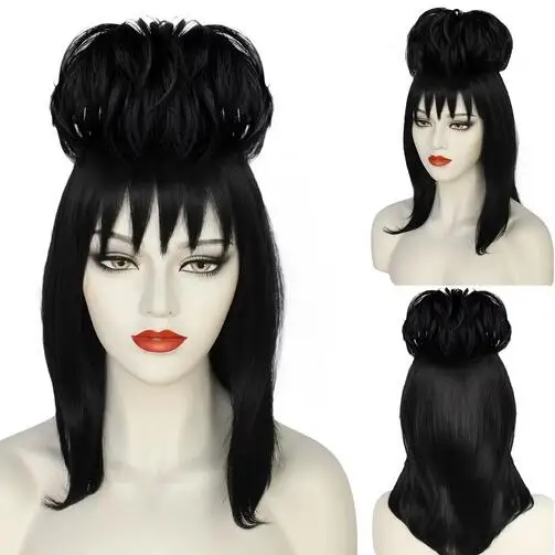 Lydia Deetz Cosplay Wig Bride Gown Costume Props Black Synthetic Straight Hair Women Girls Halloween Carnival Party Accessories