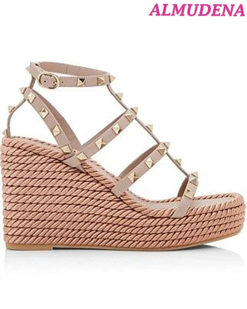 Rockstud Espadrille Wedges Platform Sandals Women Summer Ankle Straps Cage High Heels Sandal Designer Causal Dress Shoes