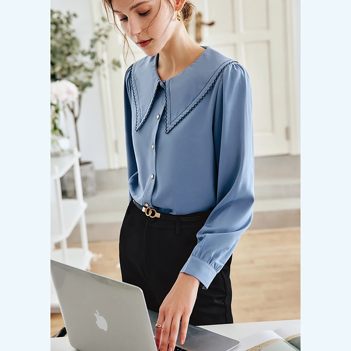 OLrain Franse Stijl Blauw Vrouwen Shirt 2023 Herfst Kantoor Dame Losse Geborduurde Revers Pofmouwen Elegante Blouses O22QC00812