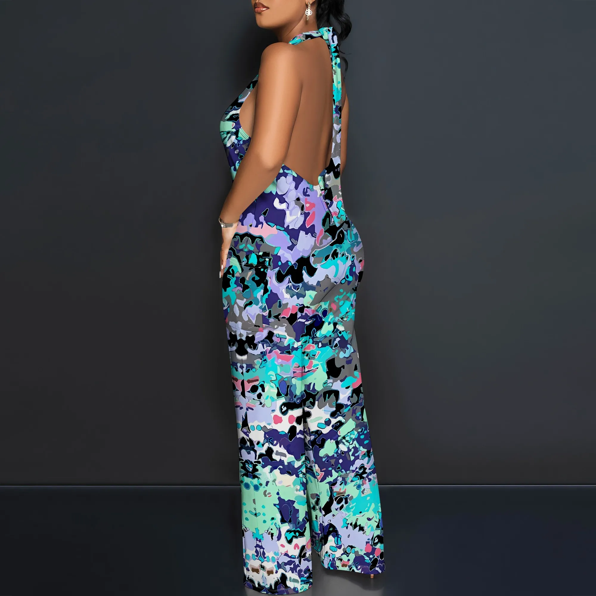 Nupusa Overall mit Blumendruck für Damen, normale Größe, Sommer, lässiger Neckholder-Overall mit weitem Bein