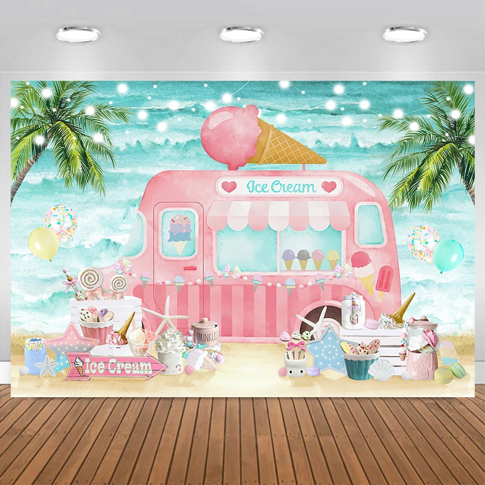 Summer Ice Cream Bus Poster Background Pink Girl Birthday Party Cake Dessert Decoration Backdrop Prop Beach Holiday Night Photo