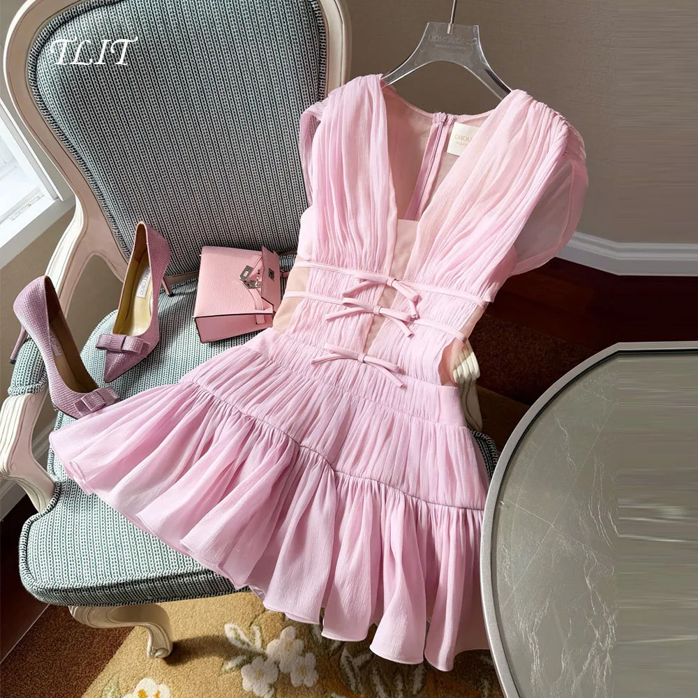 

TLIT Прекрасное детское розовое шифоновое вечернее платье со складками и v-образным вырезом, платья трапециевидной формы с бантами, платья для выпускного вечера без рукавов по индивидуальному заказу, официальная вечеринка