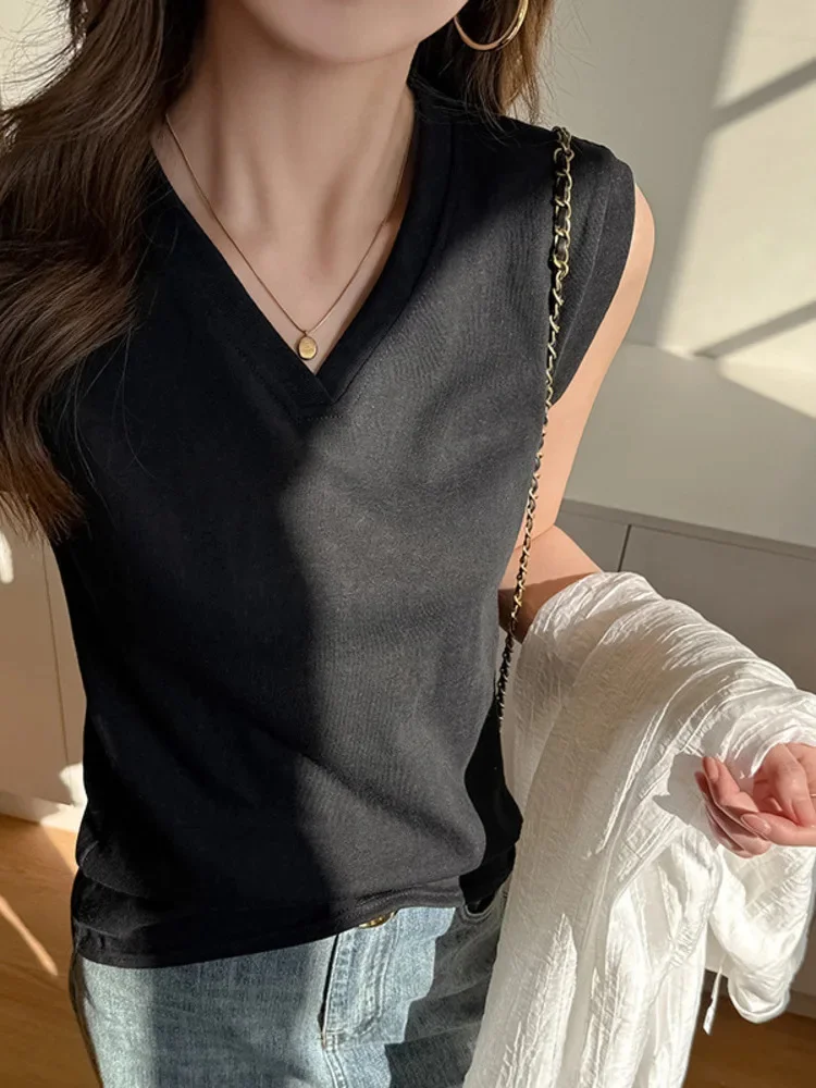 Women's Summer Solid Cotton V Neck Sleeveless Tank Tops Korean Loose Casual Outer Wear Basic Camisole