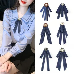 Korean Fashion New Elegant Blue Solid Color Bow Brooch Tie Neckline Bowties Accessories Small Ribbon Pin Jewelry for Women