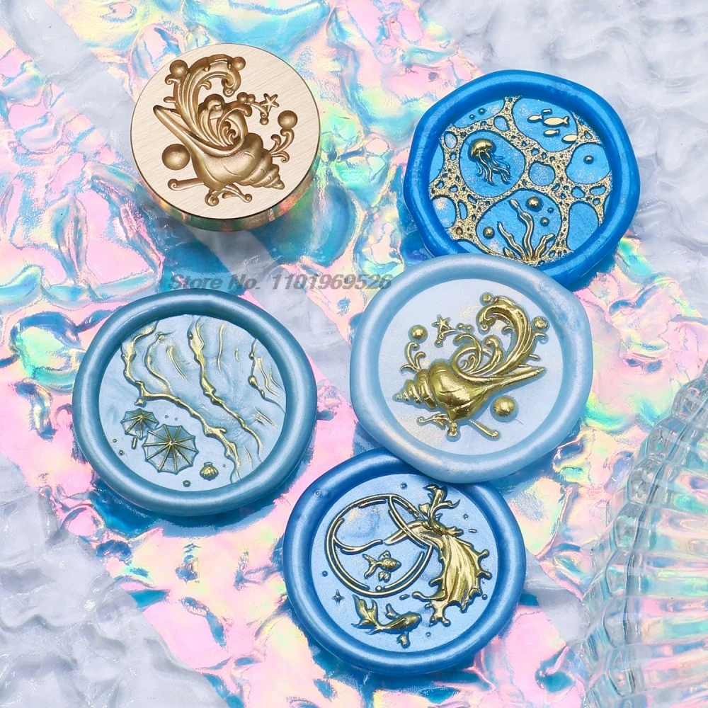 Ocean Wave 3D Embossed Wax Seal Stamp Seabed Whale Seashell Surf Brass Sealing Head for Beach Theme Envelope Journal Decor