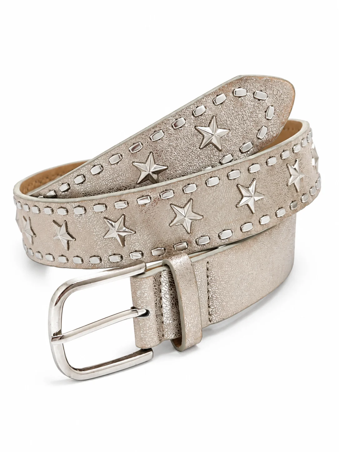 Glossy Khaki Star Belt with Silver Rivets, Vintage Embossed Waist Belt, Western Style Fashion Belt for Trendy Streetwear Outfits