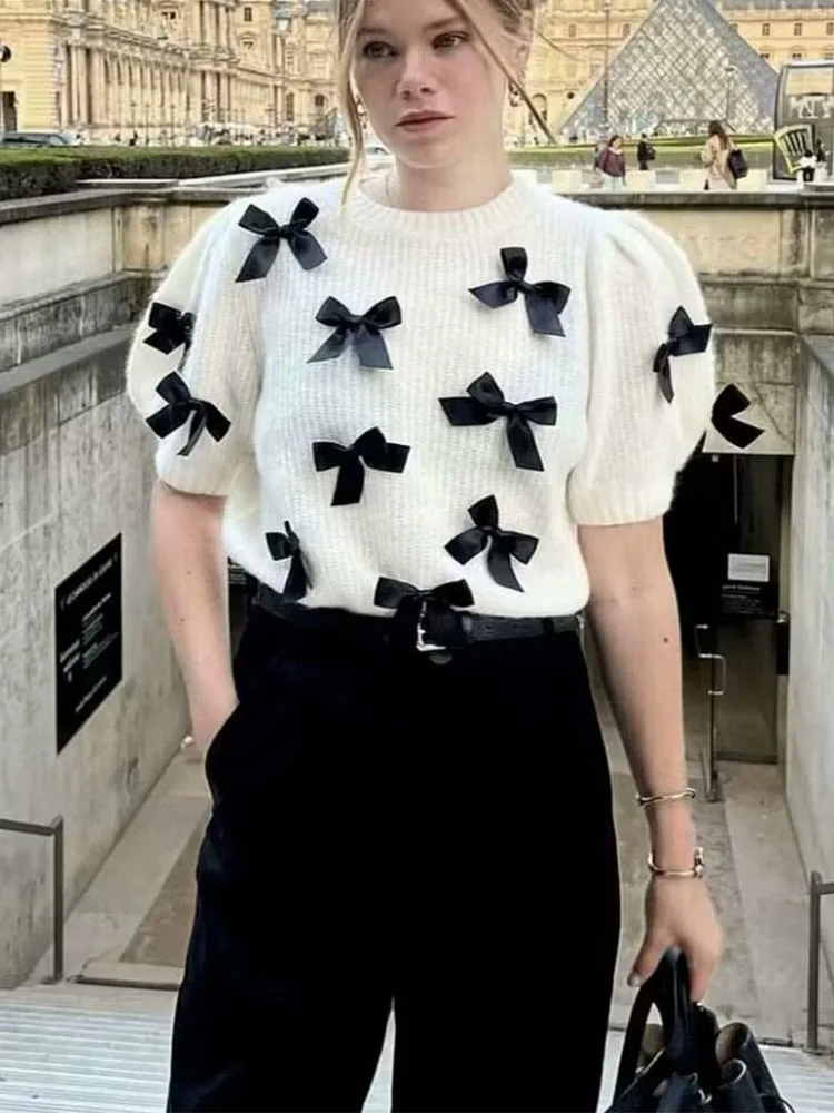 

HH Fashion Women Knitted Bow Pullover Sweater2025 Autumn O-neck Short Sleeves Office Warm Inner Cloth White Streetwear