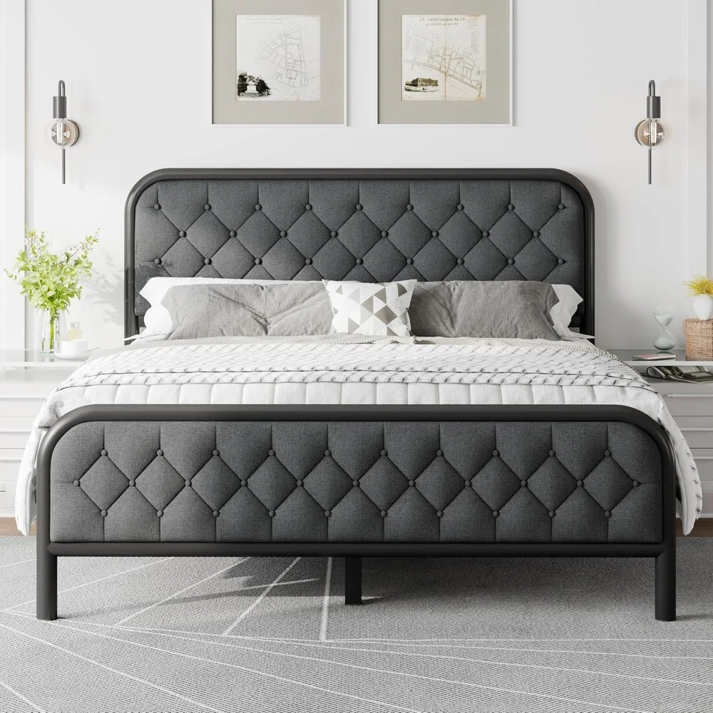 

Full Size Bed Frame, Upholstered Metal Bed Frame with Liene Tufted Headboard, Heavy Duty Metal Slats, 12" Storage Space, No Box