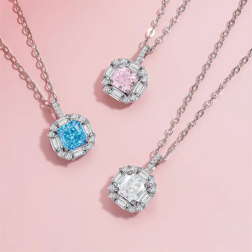 

Korean 925 Sterling Silver Niche Necklace, Ice Flower Cut Square Sugar, Radiant Square Exquisite Collarbone Chain for Women