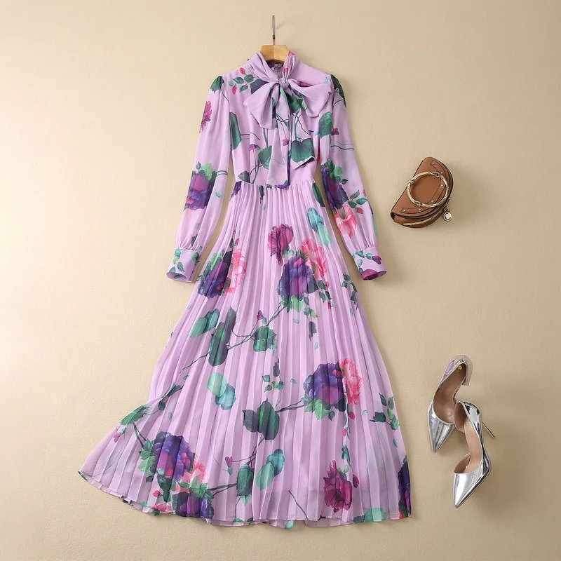 Spring Autumn Chiffon Dress Women Scarf Collar Purple Colour Fashion Floral Printing Vestidos Pleated Expansion