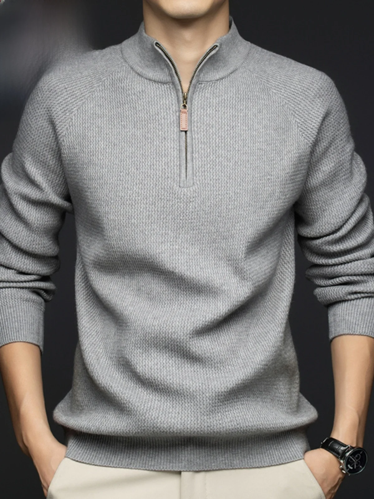 

Men's Woolen Knitted Sweater f Zipper Stand Collar Base Layer Autumn Faion Ci Loose Fit Long Sve Color
