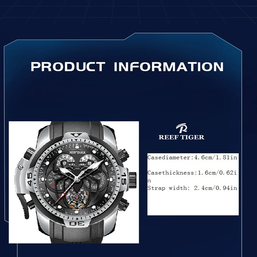 reef tiger men's mechanical watch, fully automatic multi-functional dual calendar business men's watch, men's timepiece