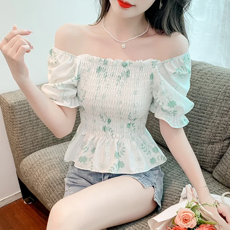 Women Puff Sleeve Tops Sexy 2024 Korean Fashion Off Shoulder Casual Blusas Mujer Elegant Printed Slim Chiffon Blouse Corset Top