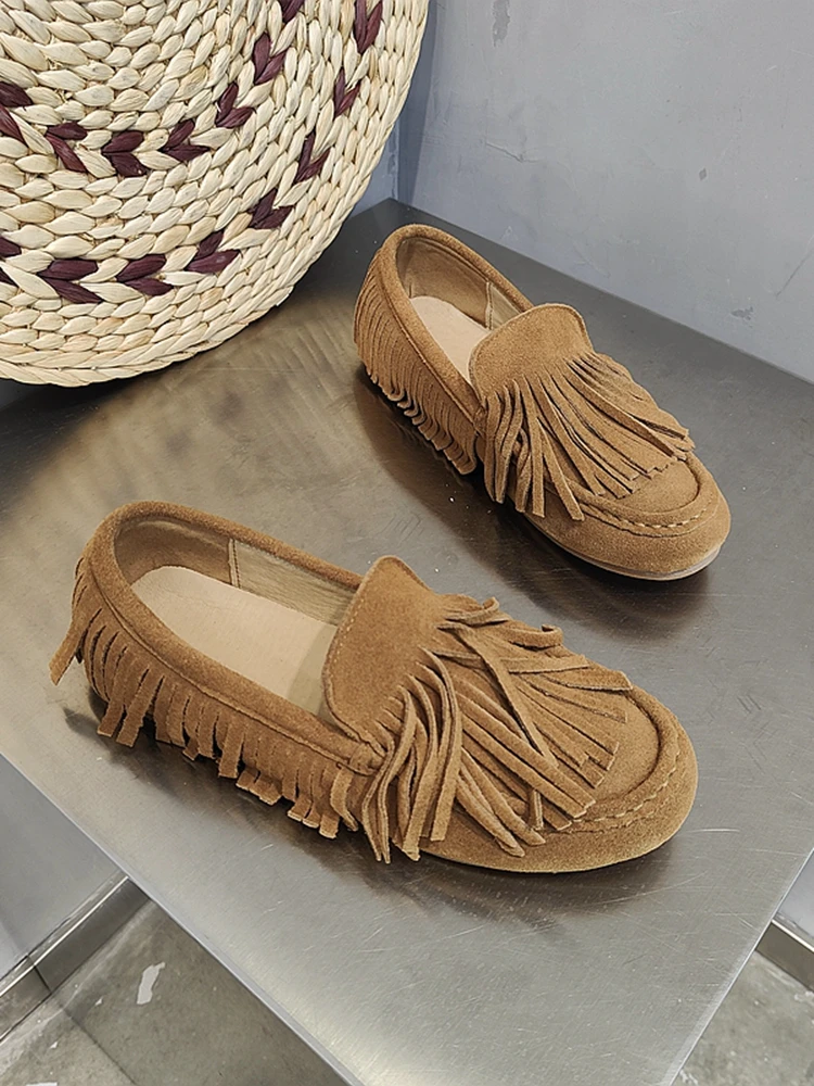 

Mossy Cowhide Tassel Single oes Women's Soft Bot Comfortable Flat round Head Deep Mouth Bean oes Spring New Sle