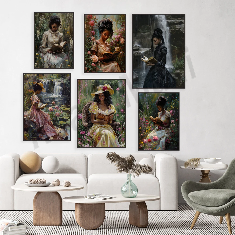 Bookworm Victorian art canvas print, lady in black, wild flowers, dark college, study room art, library wall home decor poster