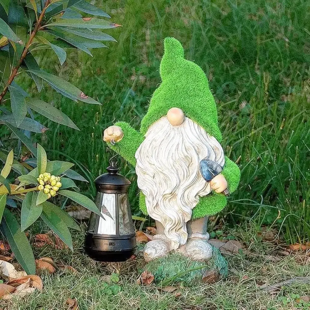 Solar Powered Garden Gnome Statue Resin Flocked Ornament Outdoor Lawn Yard Decor Waterproof Patio Landscape Lighting Figurine