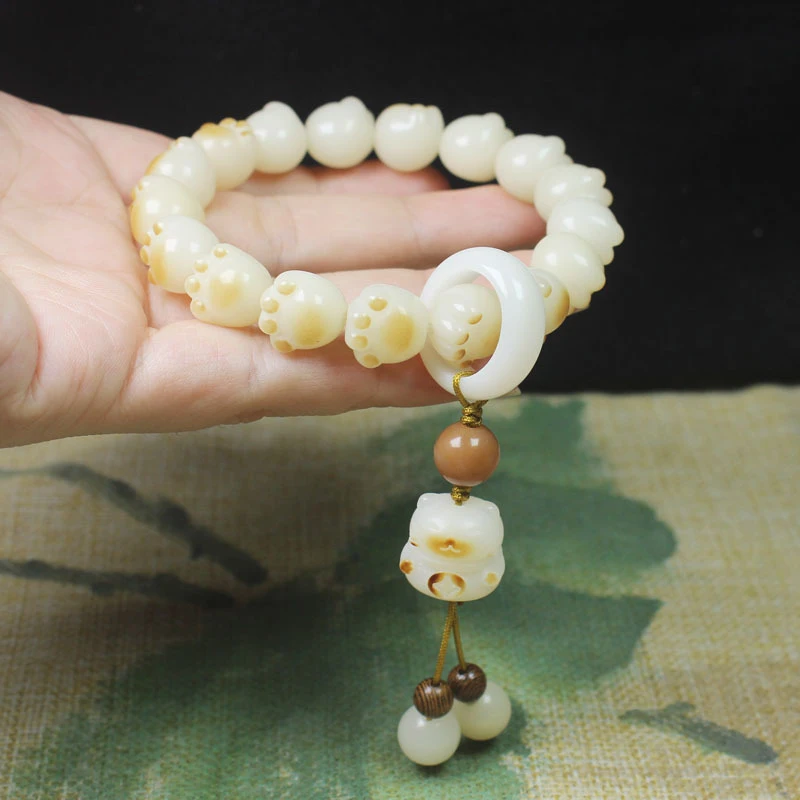 

White Jade Bodhi Charcoal Burned Cat Claw Bracelet with Loop Design, Unisex Forest Style Meditation Bead Jewelry