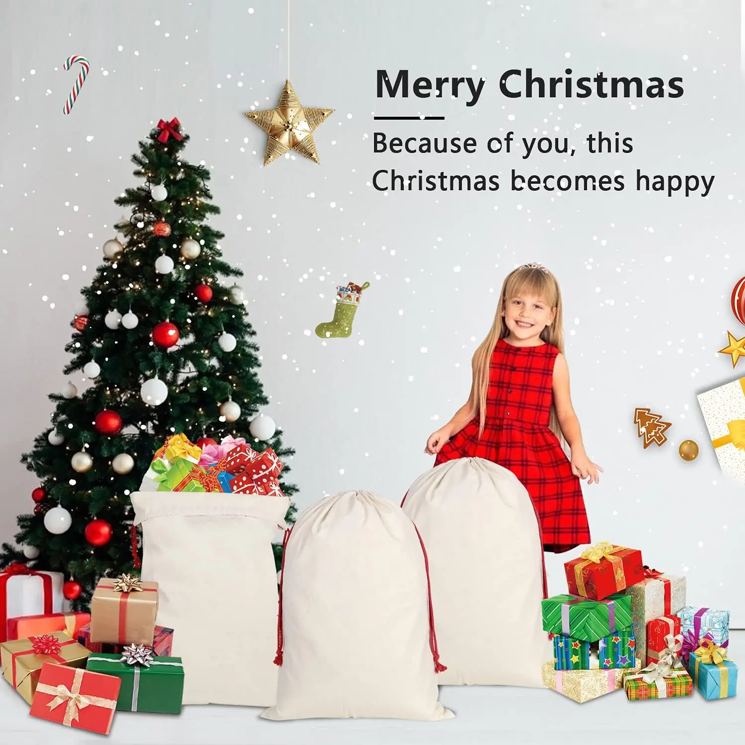 2Pack Large Christmas Bag Santa Sacks Xmas Canvas Cotton Xmas Sack Stocking with Drawstrings (19.5 X 27.5)