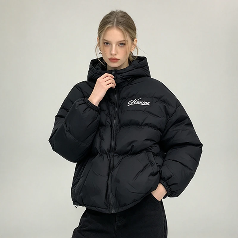 2026 New Solid Color Hooded Padded Cotton Coat Letter Embroidery  Loose Fit Warm Hip Hop Streetwear Unisex Cold Resistant Coat