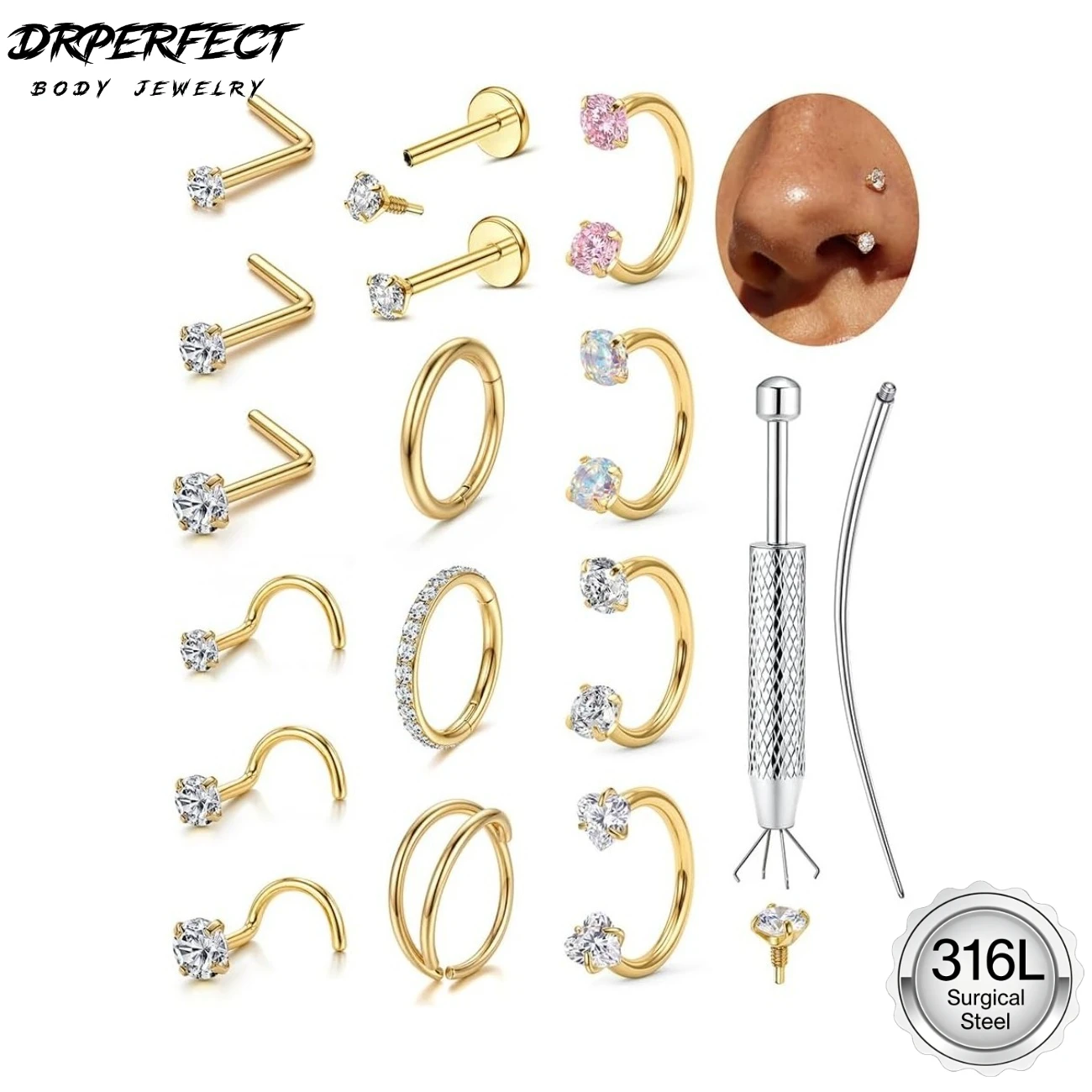 Drperfect 16Pcs Surgical Steel Horseshoe Nose Ring Hoops for Women 14K Gold Plated Nostril Cartilage Helix Body Piercing Jewelry