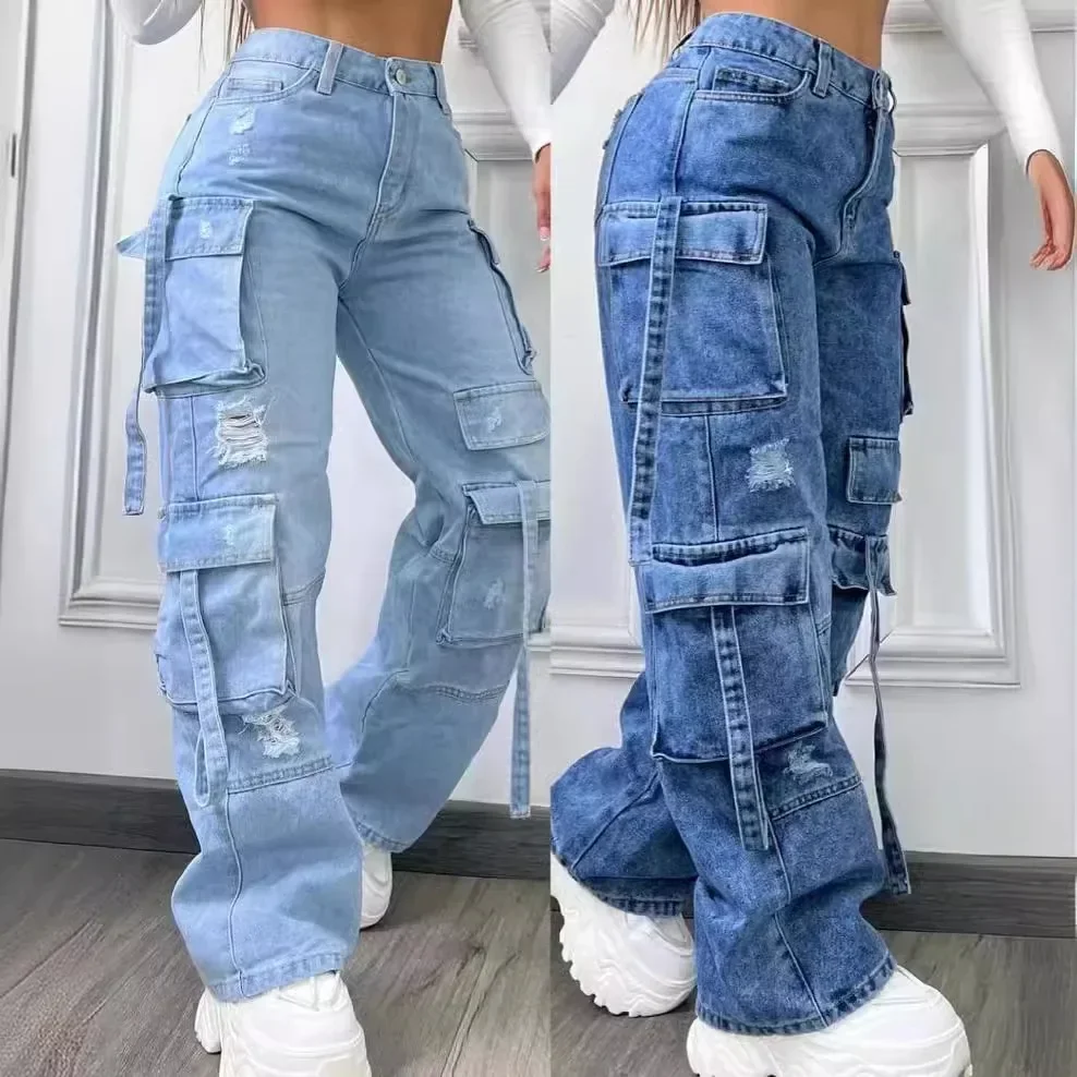 Celana panjang Denim wanita, celana panjang Denim wanita, celana Denim pinggang tinggi, ukuran besar, celana kasual multi-saku, warna Solid, modis, 2025