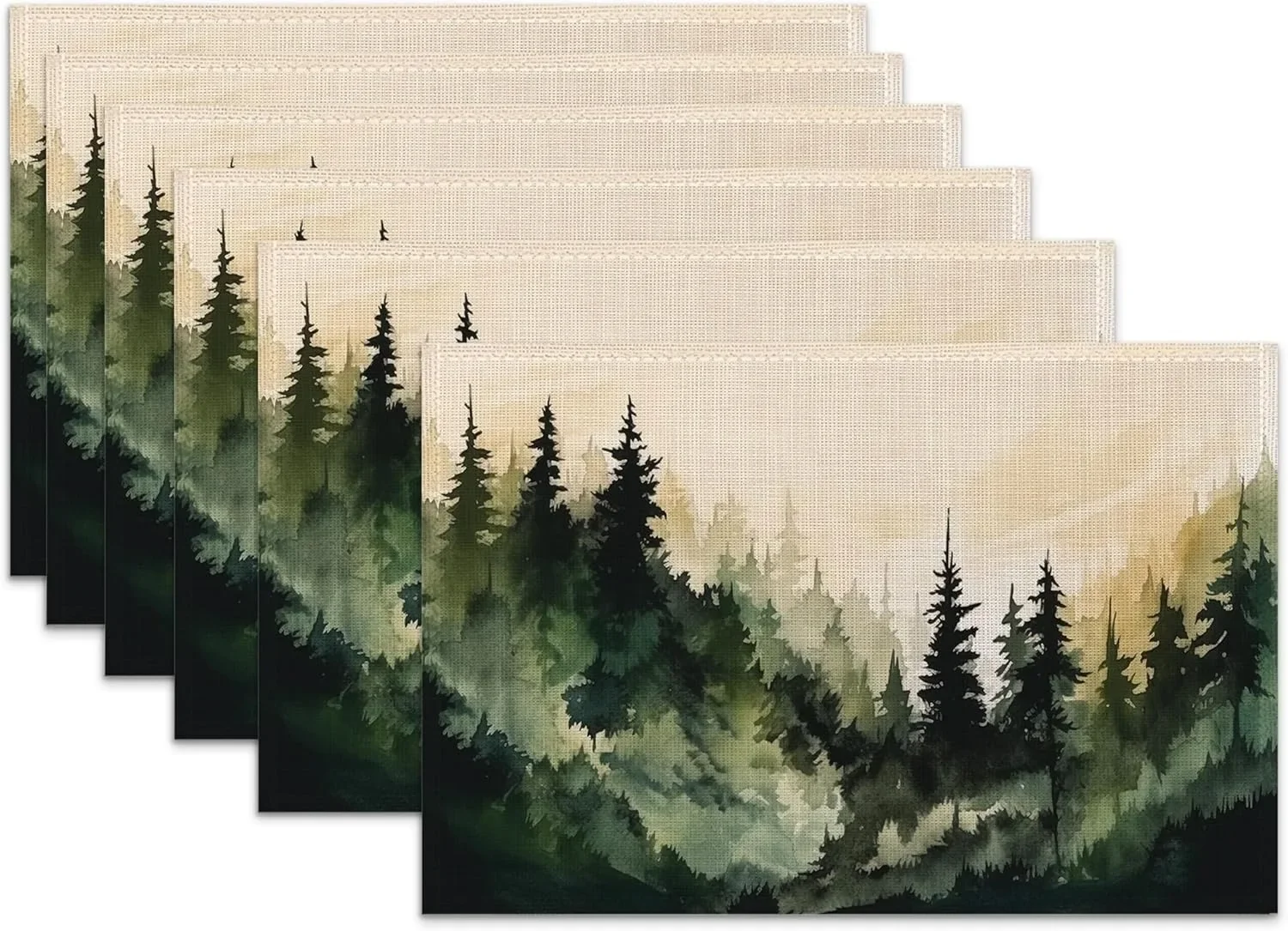 Mountain Pattern Forest Watercolor Tree Print Linen Table Mats Washable Heat Resistant Placemats Home Parties Kitchen Decoration